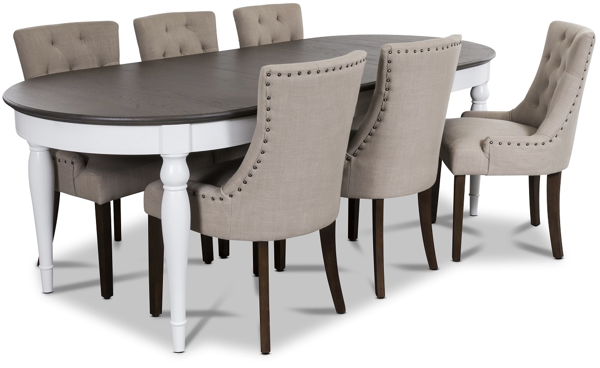Hampstead matgrupp, bord med 6 st Tuva stolar i beige tyg Hampstead matgrupp, bord med 6 st Tuva stolar i beige tyg