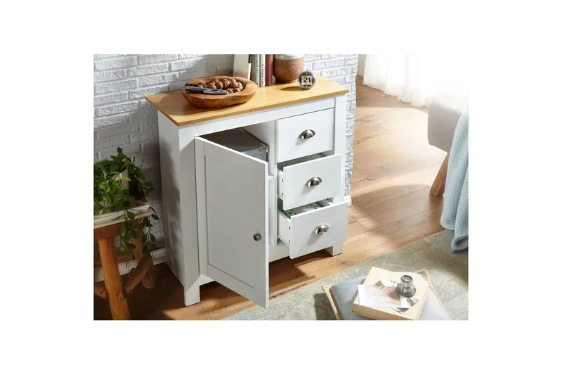 Byrå Wohnling med 3 lådor 2 dörrar tvåfärgad vit ek lantlig stil - Products - Förvaring - Förvaringsmöbler - Byrå - Hallbyrå