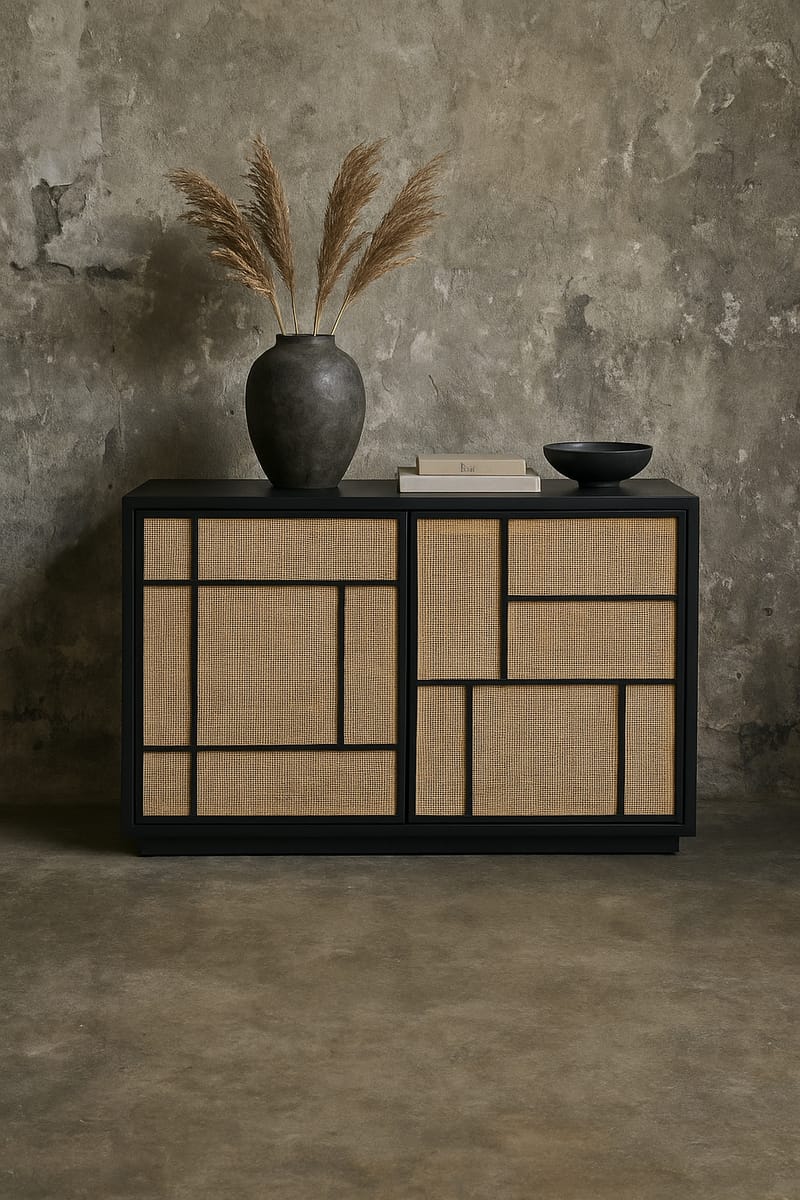 Stockholm skänk med rottingdörrar - 120 cm bred, Svart