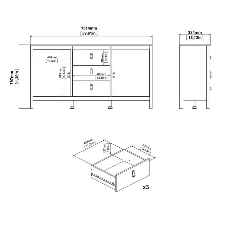 Vallvidera Sideboard med 2 dörrar och 3 lådor 151 cm - Products - Förvaring - Förvaringsmöbler - Sideboard & skänk
