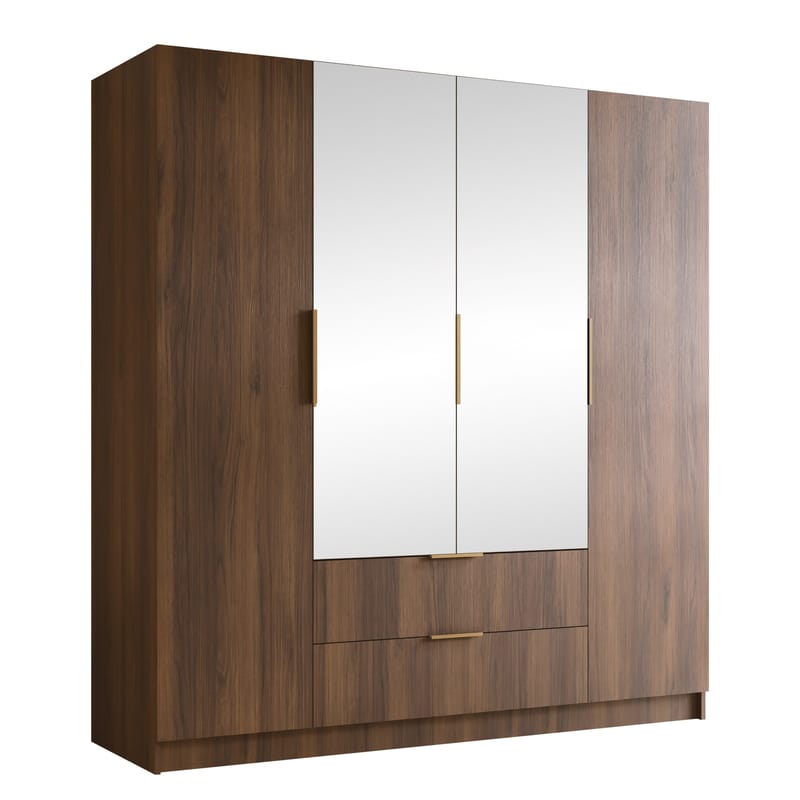 Herrljunga Garderob med Spegel 200x215 cm med lådor - Brun/Guld/Spegel - Products - Förvaring - Garderober & garderobssystem