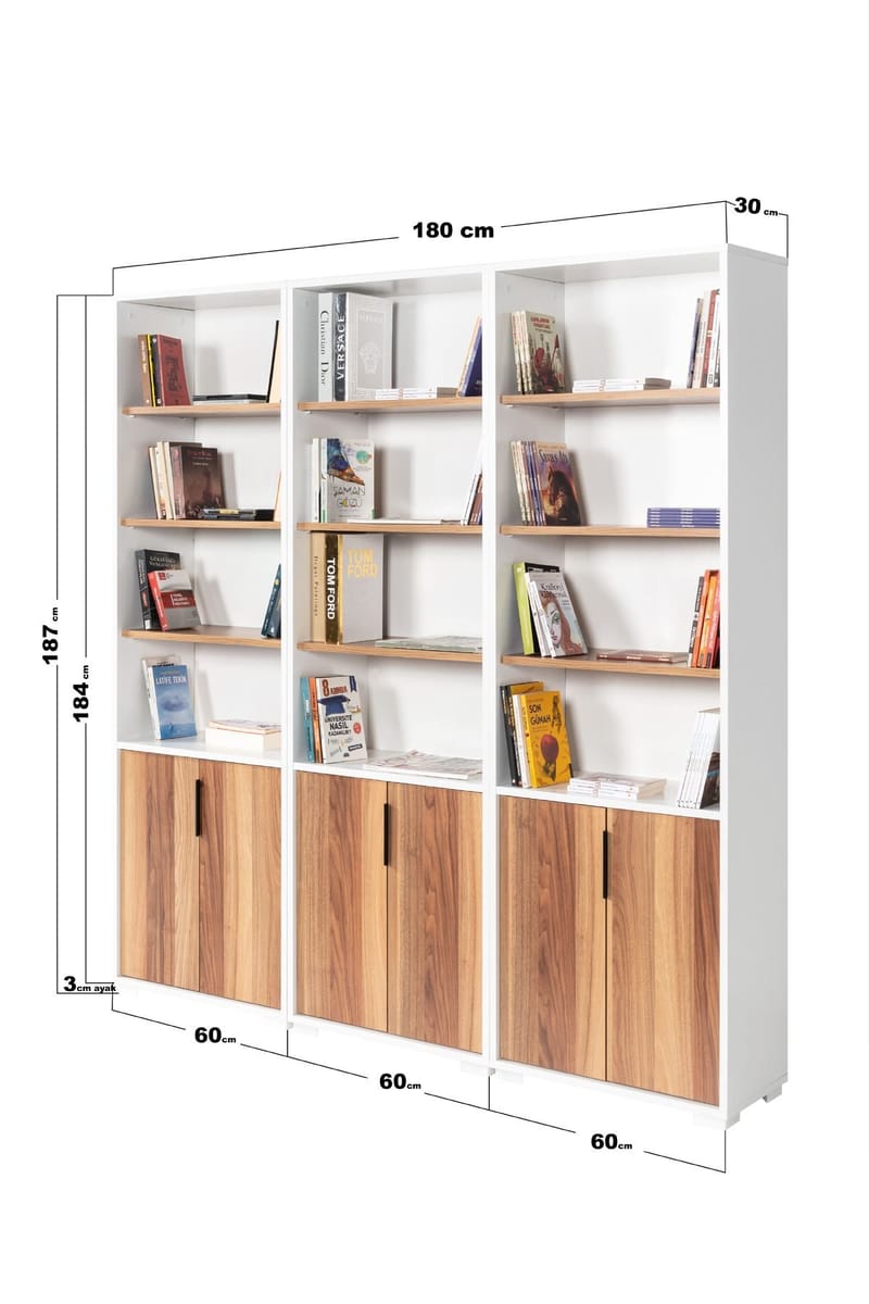 Pavio Bokhylla 180x187x30 cm - Vit och valnöt - Products - Förvaring - Hylla - Bokhylla