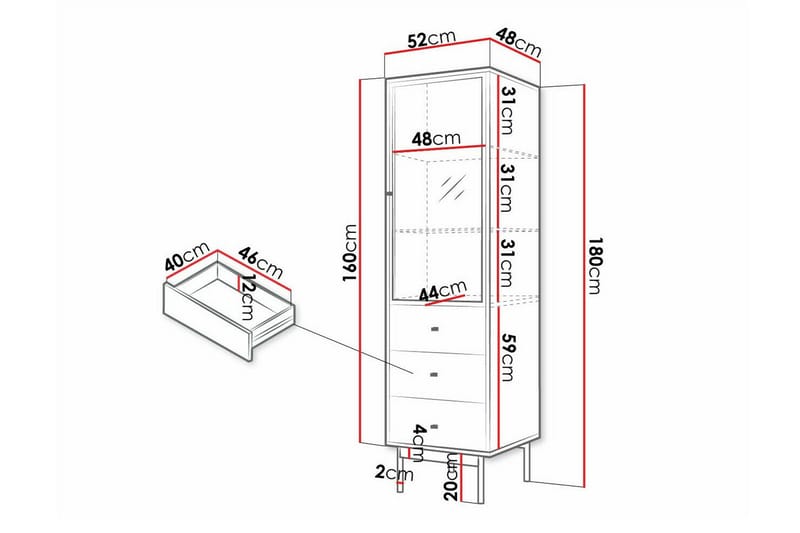Kintore Smalt Vitrinskåp 48 cm djup 52 cm bred 180 cm hög Trä - Svart - Products - Förvaring - Skåp - Vitrinskåp