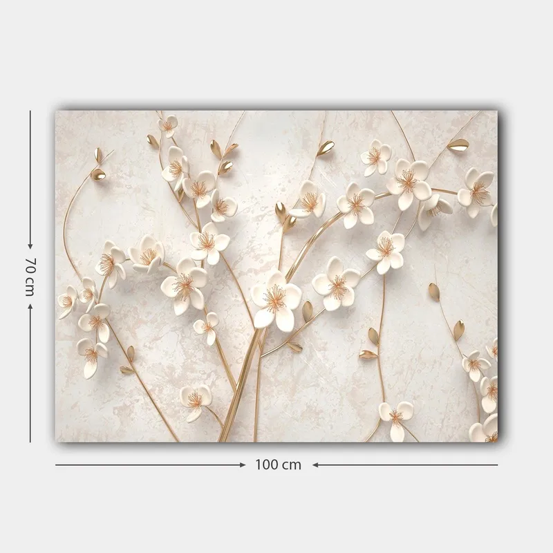 Canvastavla 70x100 cm - Stiliserad blomsterdesign med vita blommor och gyllene detaljer - Vit / Guld - Products - Inredning - Tavlor & posters - Canvastavla