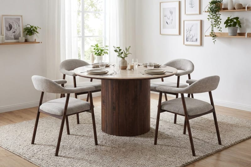 Arvo Matgrupp runt 120 cm Travertinlook med 4 Ronja Matstolar - Valnöt - Products - Möbler - Bord & matgrupp - Matgrupp