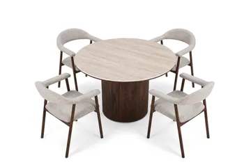 Arvo Matgrupp runt 120 cm Travertinlook med 4 Ronja Matstolar - Valnöt - Products - Möbler - Bord & matgrupp - Matgrupp