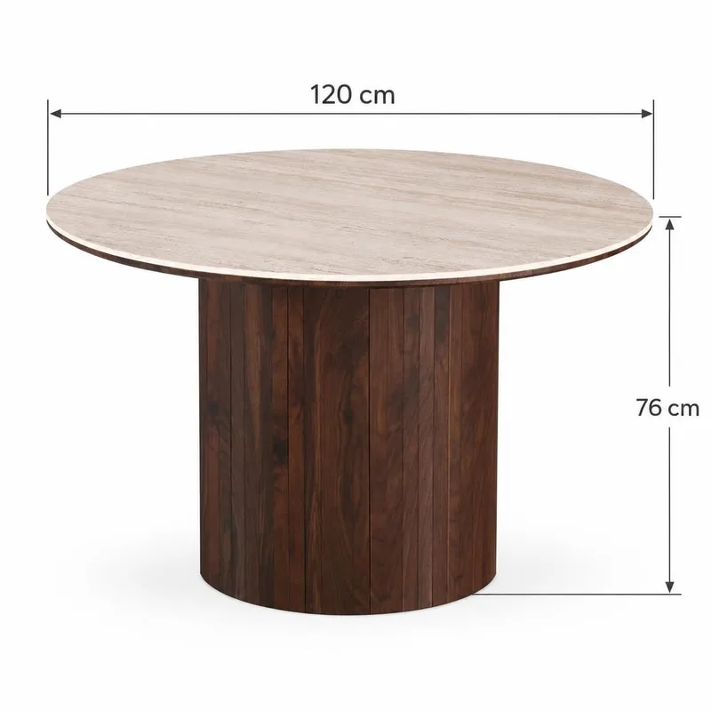 Arvo Runt Matbord 120 cm i Travertin med Pelarfot i Valnötsutseende - Valnöt - Products - Möbler - Bord & matgrupp - Matbord & köksbord