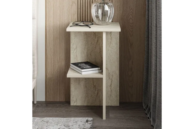 Gwyneth Sängbord 36 cm med Travertinutseende, Förvaring med Hyllor - Grå - Products - Möbler - Bord & matgrupp - Avlastningsbord & sidobord - Sängbord & nattduksbord