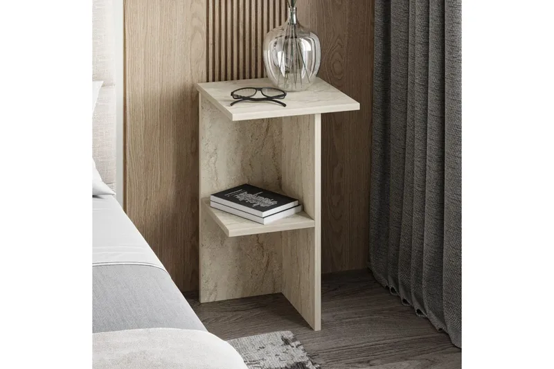 Gwyneth Sängbord 36 cm med Travertinutseende, Förvaring med Hyllor - Grå - Products - Möbler - Bord & matgrupp - Avlastningsbord & sidobord - Sängbord & nattduksbord