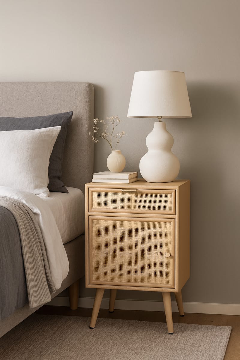 Sängbord i rotting/ek - Stockholm - Ekbetsat trä/ljus rotting - Products - Möbler - Bord & matgrupp - Avlastningsbord & sidobord - Sängbord & nattduksbord