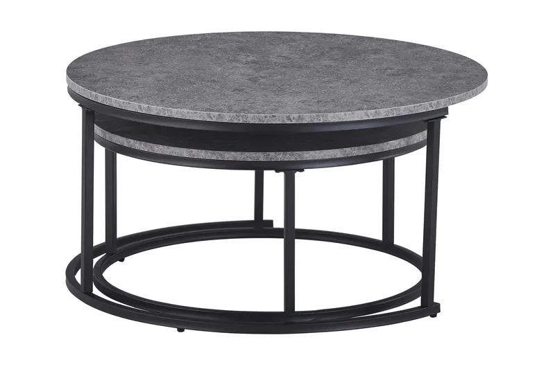 Thyra Runt Satsbord - 2 soffbord 90 och 75 cm med Stenutseende och Metallben - Grå & Svart - Products - Möbler - Bord & matgrupp - Avlastningsbord & sidobord - Satsbord