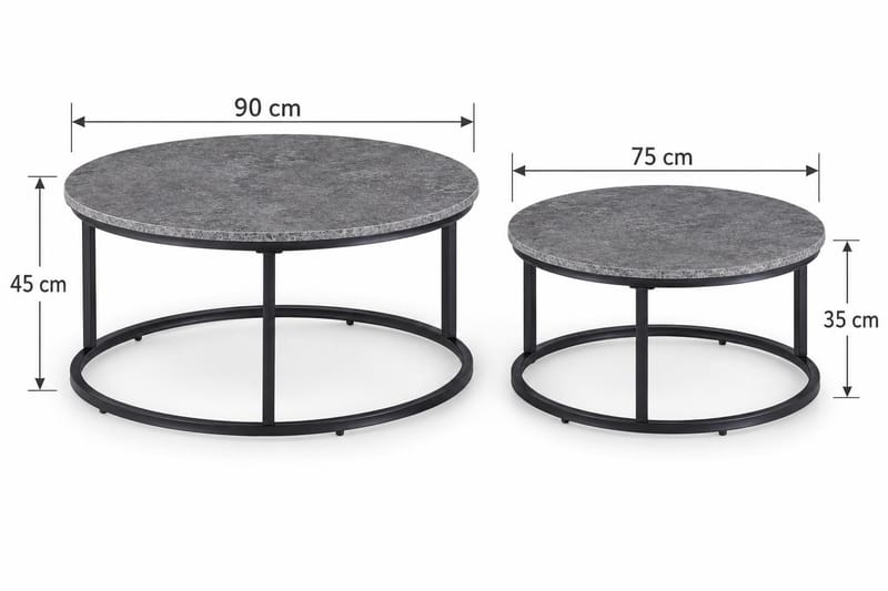 Thyra Runt Satsbord - 2 soffbord 90 och 75 cm med Stenutseende och Metallben - Grå & Svart - Products - Möbler - Bord & matgrupp - Avlastningsbord & sidobord - Satsbord