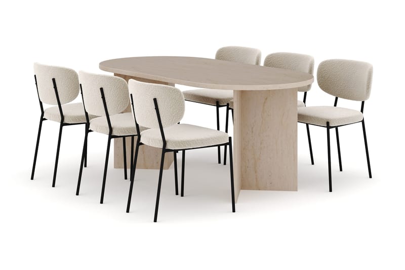 Dano Matbord 180 cm  med 6 Gemmiano Matstolar - Travertin / Vit Bouclé - Products - Möbler - Bord & matgrupp - Matgrupp