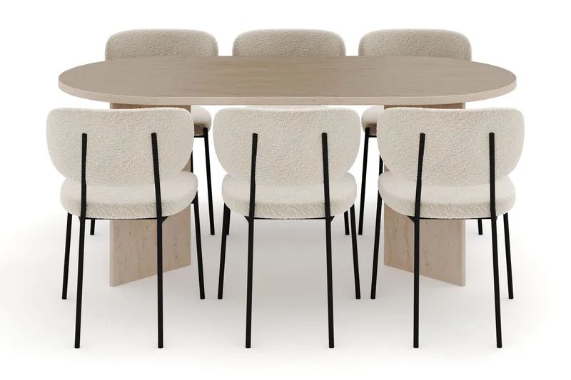 Dano Matbord 180 cm  med 6 Gemmiano Matstolar - Travertin / Vit Bouclé - Products - Möbler - Bord & matgrupp - Matgrupp