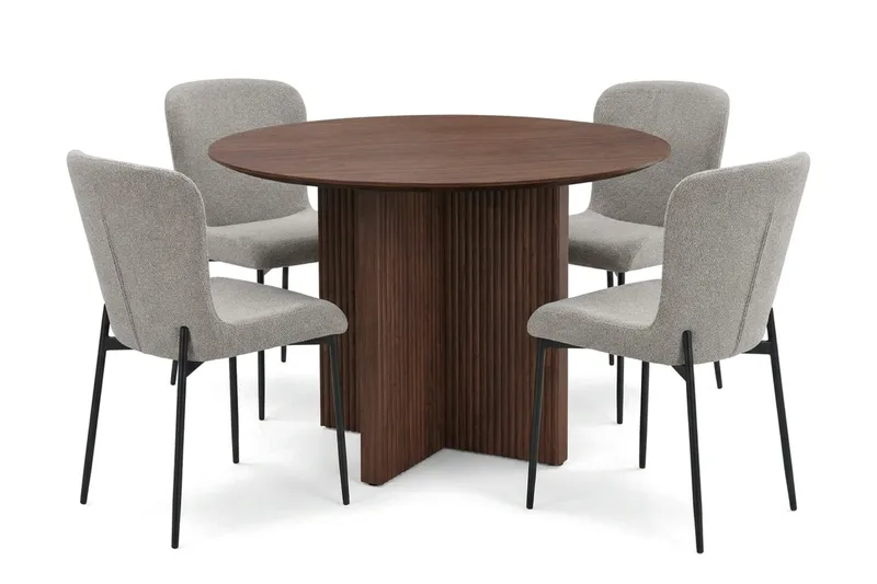 Edda Matgrupp runt 110 cm Valnöt med 4 Elsie Matstolar - Valnöt/Ljusgrå - Products - Möbler - Bord & matgrupp - Matgrupp