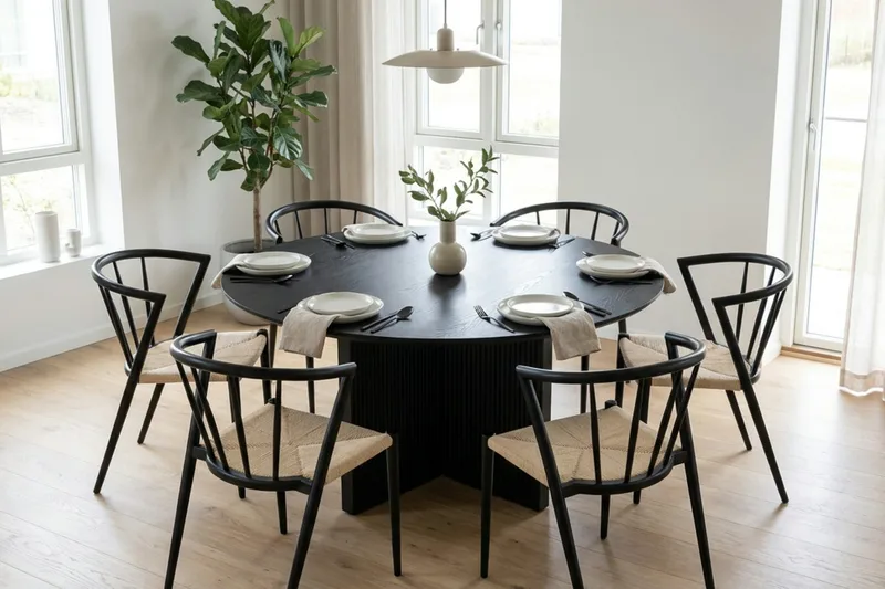 Edda Matgrupp runt 130 cm Svart med 6 Winston Matstolar - Svartlaserad ek - Products - Möbler - Bord & matgrupp - Matgrupp