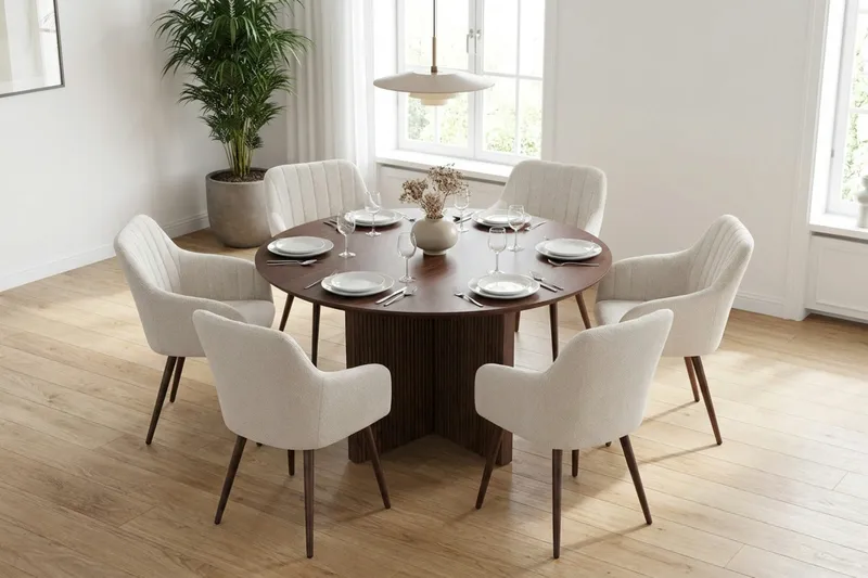 Edda Matgrupp runt 130 cm Valnöt med 6 Filippa Matstolar - Valnöt - Products - Möbler - Bord & matgrupp - Matgrupp