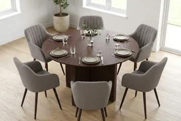 Edda Matgrupp runt 130 cm Valnöt med 6 Filippa Matstolar - Valnöt - Products - Möbler - Bord & matgrupp - Matgrupp