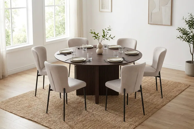 Edda Matgrupp runt 150 cm Rökt Ek med 6 Elsie Matstolar - Rökt ek/Beige - Products - Möbler - Bord & matgrupp - Matgrupp