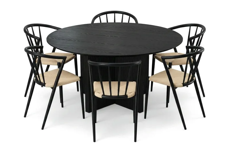 Edda Matgrupp runt 150 cm Svart med 6 Winston Matstolar - Svart - Products - Möbler - Bord & matgrupp - Matgrupp