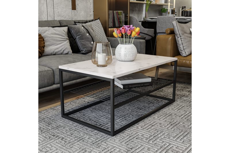 Emlak Soffbord 95 cm Marmormönster med Förvaring Hylla - Vit/Svart - Products - Möbler - Bord & matgrupp - Marmorbord