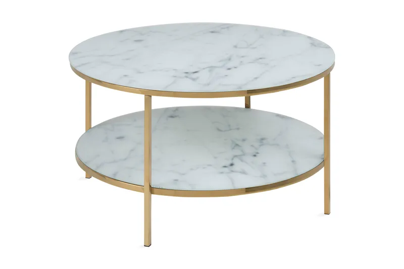 Epiffer Soffbord 80 cm Runt med Förvaring Hylla Marmormönste, Vit/Guld