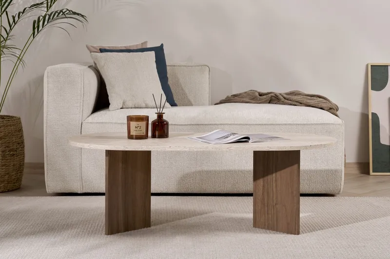 Hasina Ovalt Soffbord 119x60 cm med Travertin- och Valnötsutseende - Beige - Products - Möbler - Bord & matgrupp - Soffbord
