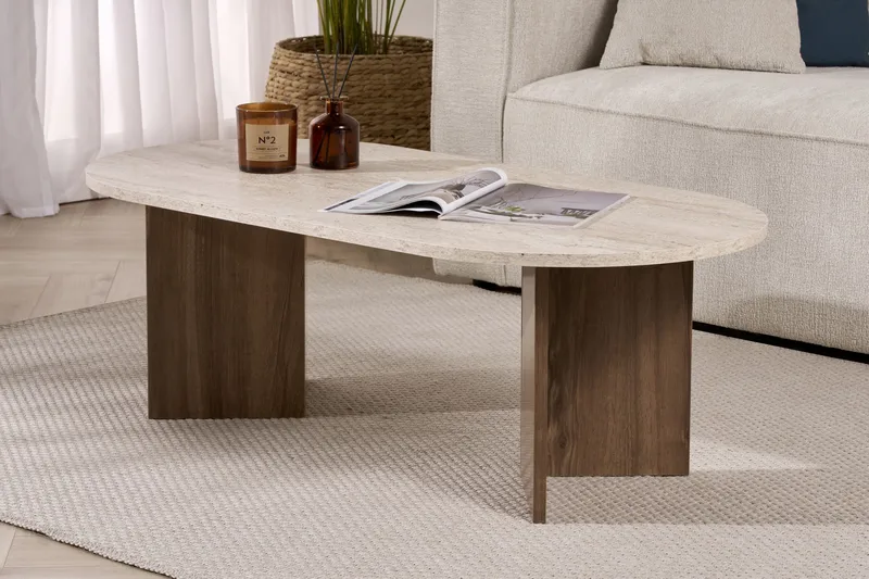 Hasina Ovalt Soffbord 119x60 cm med Travertin- och Valnötsutseende - Beige - Products - Möbler - Bord & matgrupp - Soffbord