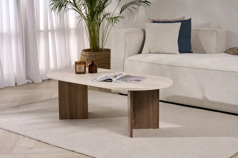Hasina Ovalt Soffbord 119x60 cm med Travertin- och Valnötsutseende - Beige - Products - Möbler - Bord & matgrupp - Soffbord