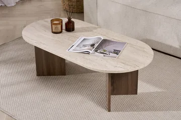 Hasina Ovalt Soffbord 119x60 cm med Travertin- och Valnötsutseende - Beige - Products - Möbler - Bord & matgrupp - Soffbord