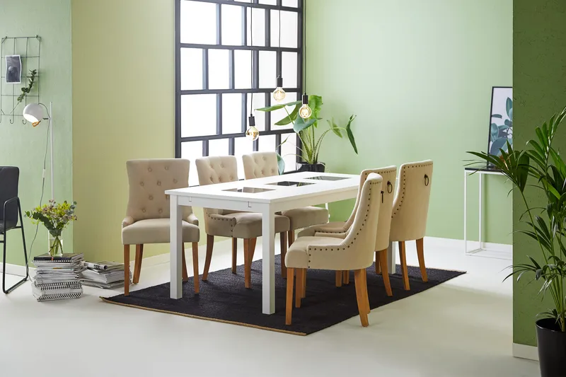 Jasmin Matgrupp Vit med 6 st Viktoria Fåtöljer - Beige/Vintageben - Products - Möbler - Bord & matgrupp - Matgrupp