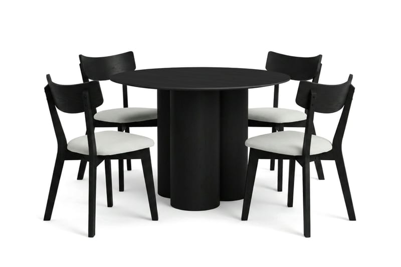 Juno Matgrupp 110 cm runt i Svart med 4 Amelia Matstolar med Dyna, Svart/Beige