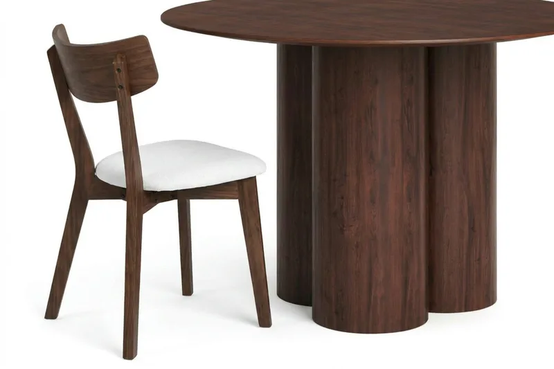 Juno Matgrupp 110 cm runt i Valnöt med 4 Amelia Matstolar med Dyna - Valnöt/Beige - Products - Möbler - Bord & matgrupp - Matgrupp