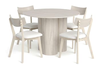 Juno Matgrupp 110 cm runt Vitlaserad med 4 Amelia Matstolar med Dyna - Vitlaserad/Beige - Products - Möbler - Bord & matgrupp - Matgrupp