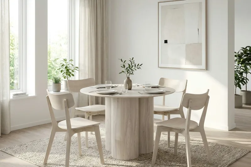 Juno Matgrupp 110 cm runt Vitlaserad med 4 Amelia Matstolar - Vitlaserad - Products - Möbler - Bord & matgrupp - Matgrupp