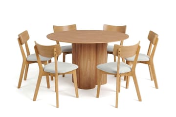 Juno Matgrupp 130 cm runt i Ek med 6 Amelia Matstolar med Dyna - Ek/Beige - Products - Möbler - Bord & matgrupp - Matgrupp