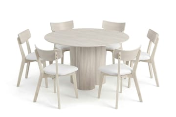 Juno Matgrupp 130 cm runt Vitlaserad med 6 Ameli Matstolar med Dyna - Vitlaserad/Beige - Products - Möbler - Bord & matgrupp - Matgrupp