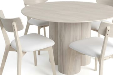 Juno Matgrupp 130 cm runt Vitlaserad med 6 Ameli Matstolar med Dyna - Vitlaserad/Beige - Products - Möbler - Bord & matgrupp - Matgrupp