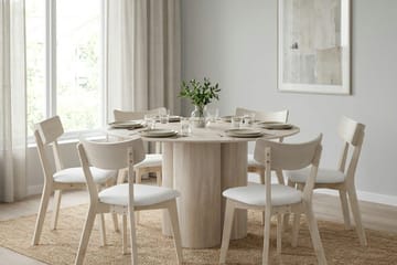 Juno Matgrupp 130 cm runt Vitlaserad med 6 Ameli Matstolar med Dyna - Vitlaserad/Beige - Products - Möbler - Bord & matgrupp - Matgrupp