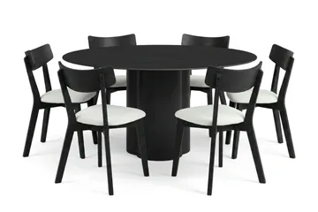 Juno Matgrupp 150 cm runt i Svart med 6 Amelia Matstolar med Dyna - Svartlaserad ek - Products - Möbler - Bord & matgrupp - Matgrupp