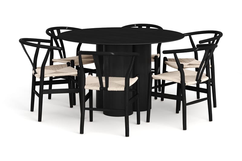 Juno Matgrupp runt 130 cm Svart med 6 Dastoori Matstolar - Svart - Products - Möbler - Bord & matgrupp - Matgrupp