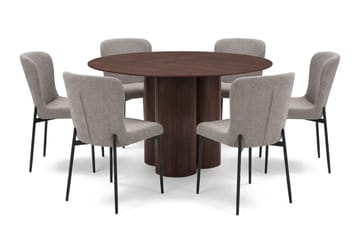 Juno Matgrupp runt 130 cm Valnöt med 6 Elsie Matstolar - Valnöt/Ljusgrå - Products - Möbler - Bord & matgrupp - Matgrupp