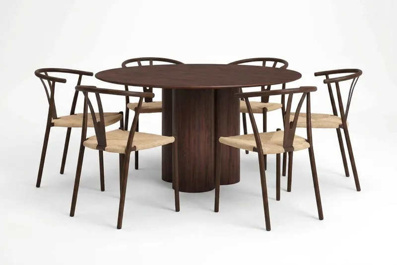 Juno Matgrupp runt 130 cm Valnöt med 6 Elysia Matstolar - Products - Möbler - Bord & matgrupp - Matgrupp