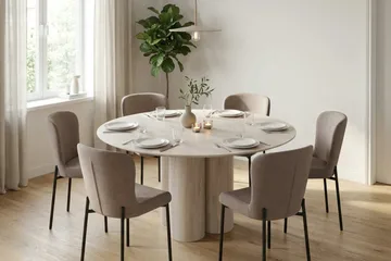 Juno Matgrupp runt 130 cm Vitlaserad med 6 Elsie Matstolar - Vitlaserad/Grå - Products - Möbler - Bord & matgrupp - Matgrupp