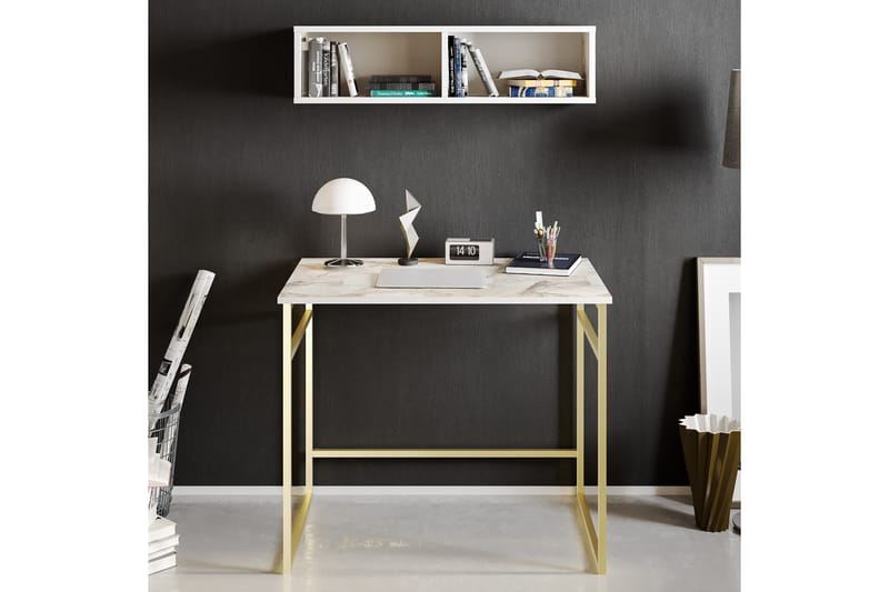 Klingbo Skrivbord 90 cm med Förvaring Vägghylla Marmormönste, Guld