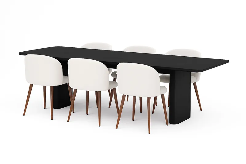 Kopparbo Matbord 180-240 cm Förlängningsbart med 6 Greya Matstolar med armstöd - Svart / Vit Bouclé / Metallben Valnöt - Products - Möbler - Bord & matgrupp - Matgrupp