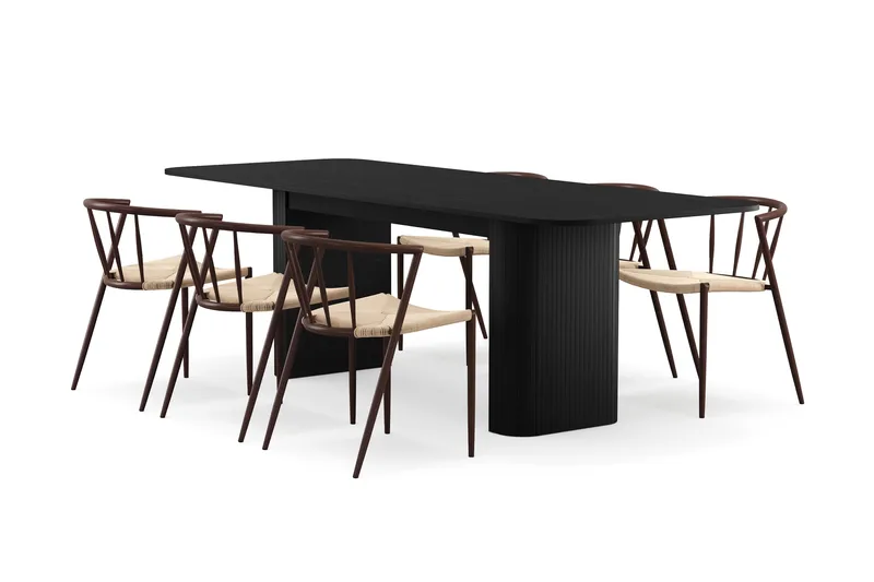 Kopparbo Matbord 180-240 cm Förlängningsbart med 6 Winston Matstolar - Svart / Beige / Metallben Rökt ek - Products - Möbler - Bord & matgrupp - Matgrupp