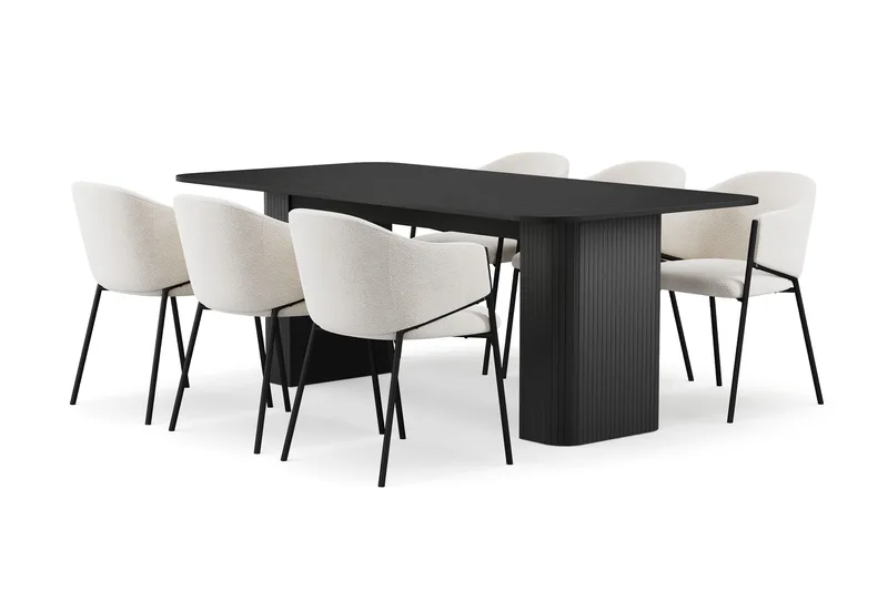 Kopparbo Matbord 200-260 cm Förlängningsbart med 6 Filip Matstolar - Svart / Vit Bouclé - Products - Möbler - Bord & matgrupp - Matgrupp