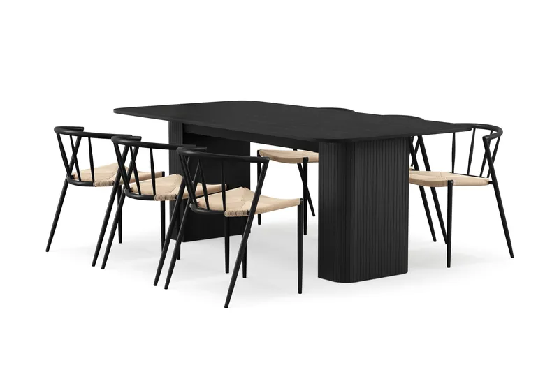 Kopparbo Matbord 200-260 cm Förlängningsbart med 6 Winston Matstolar - Svart / Beige / Metallben Svart - Products - Möbler - Bord & matgrupp - Matgrupp