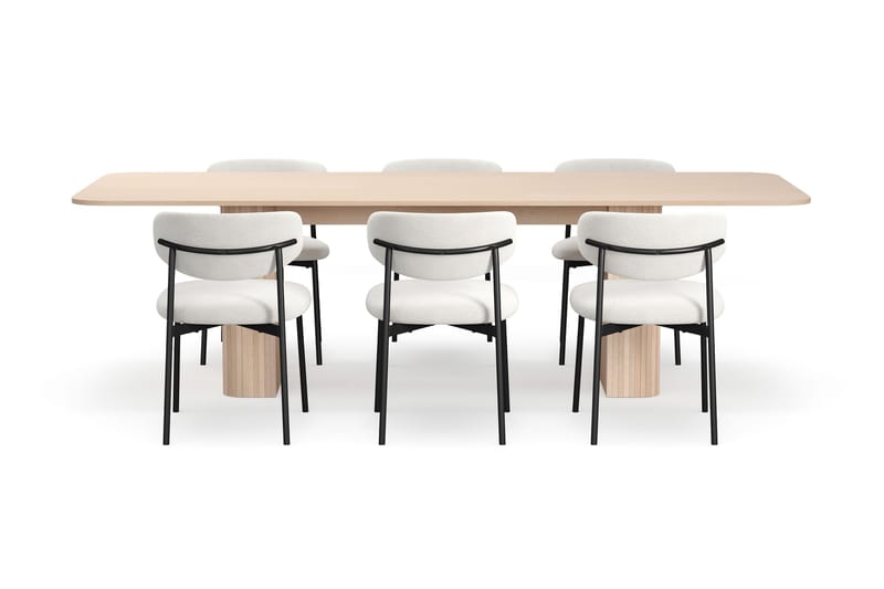 Kopparbo Matbord 200-260 cm Förlängningsbart med illäggsskiv med 6 Lucy Matstolar - Vit / Vit Bouclé / Metallben Svart - Products - Möbler - Bord & matgrupp - Matgrupp